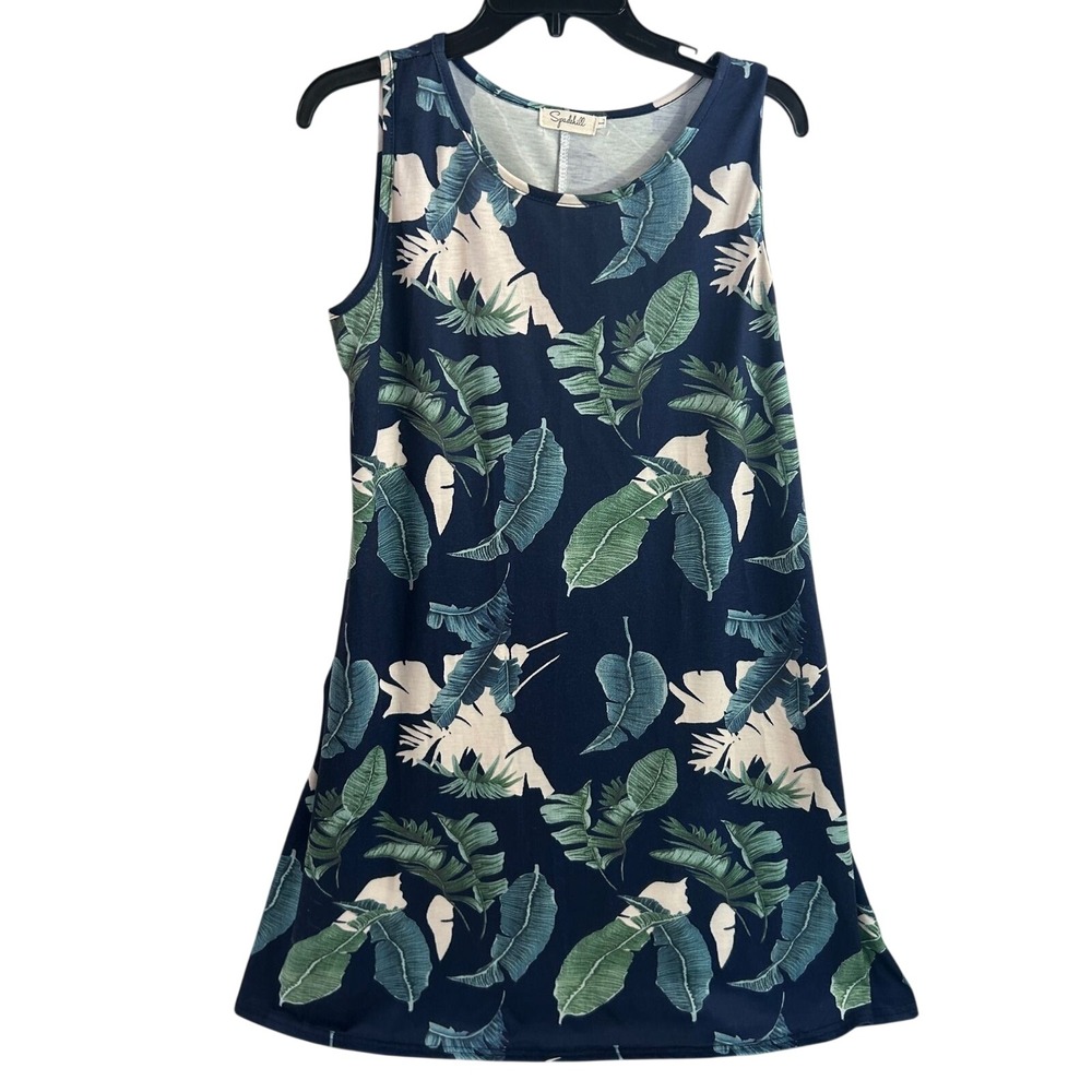 Spadehill Tropical Palm Leaf Dress L Navy Blue Sleeveless Pocket Mini Womens